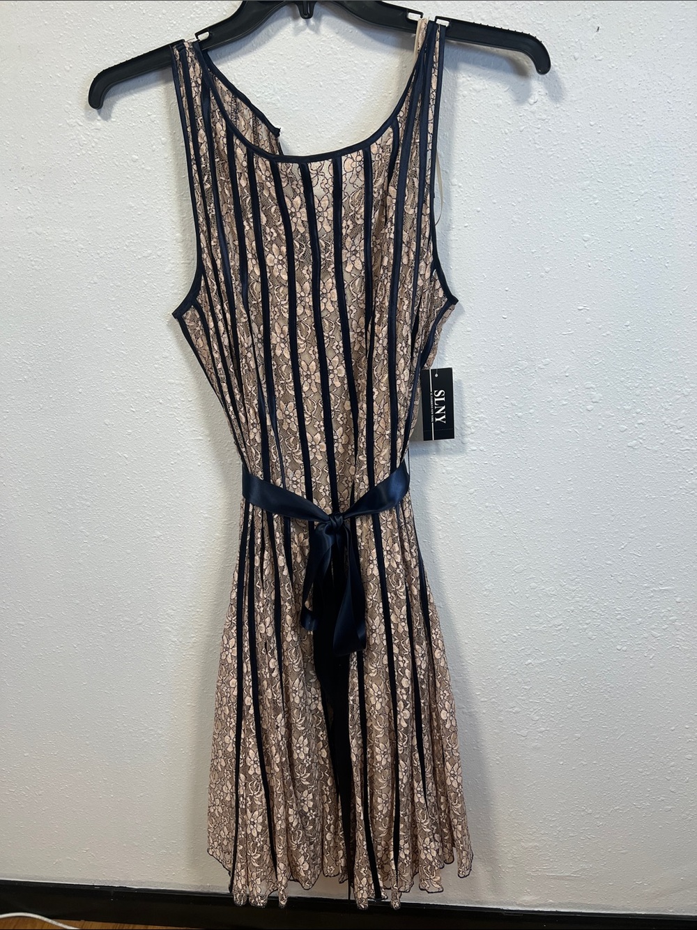 SLNY Navy and Beige Lace-Striped Sleeveless Belted Dress